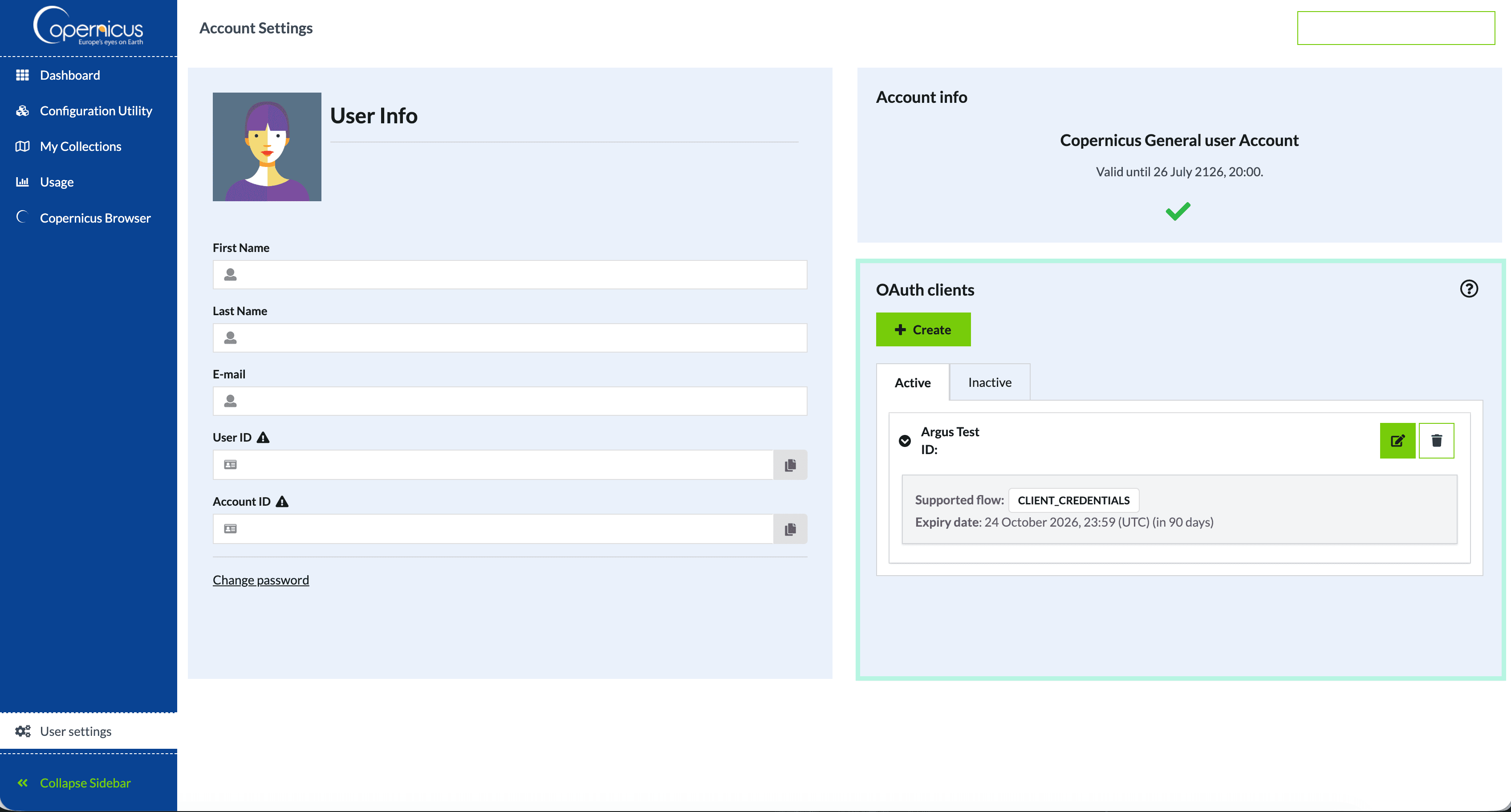 Copernicus Account Settings with the OAuth clients panel highlighted.