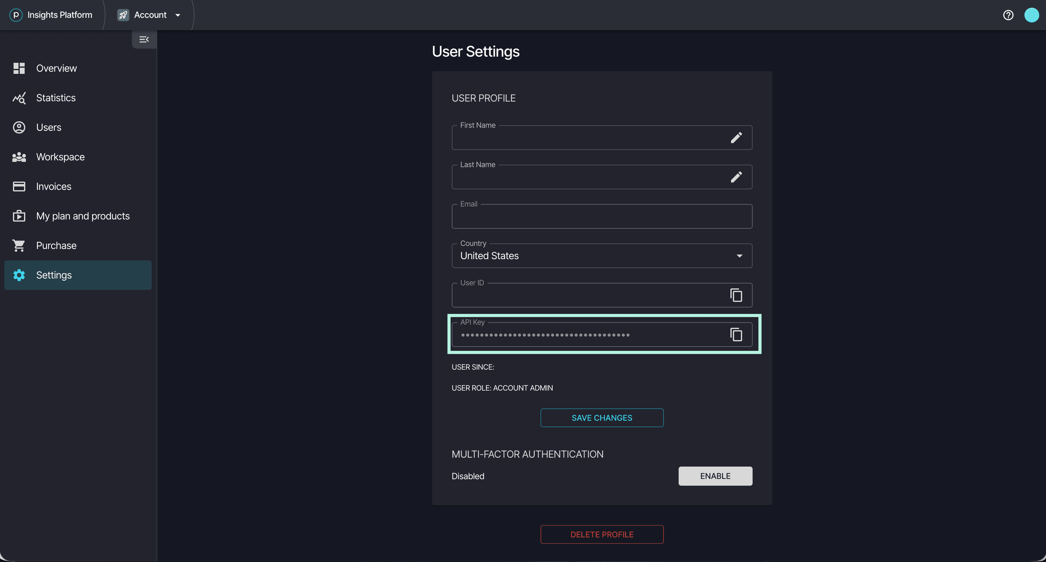 Planet Insights Platform User Settings with the API Key field highlighted.