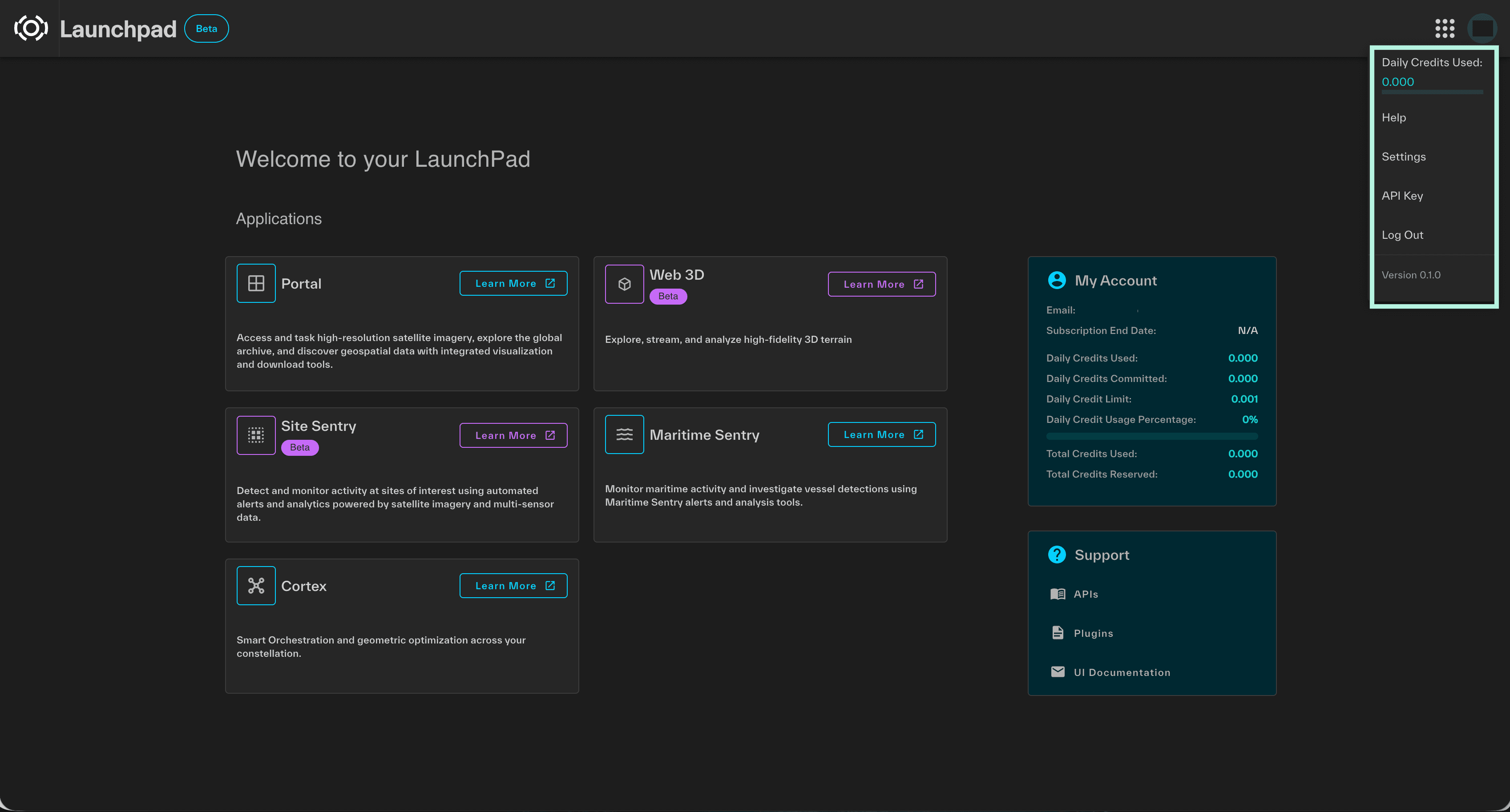 Vantor Launchpad with the account menu open and API Key highlighted.